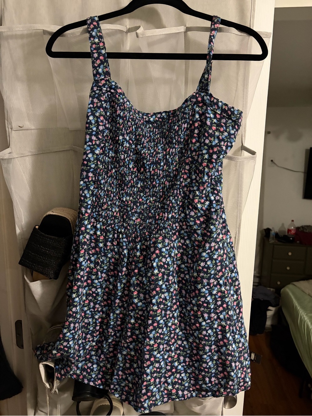 Abercrombie & Fitch Navy Floral Smocked Romper with Pink & Light Blue Flowers